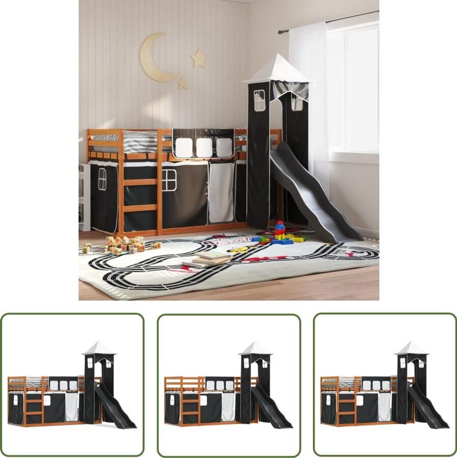 VidaXL Stapelbed met glijbaan en gordijnen wit en zwart 90x200 cm Stapelbed Kidsbed Houten Bed Bunk Bed Tweepersoonsbed