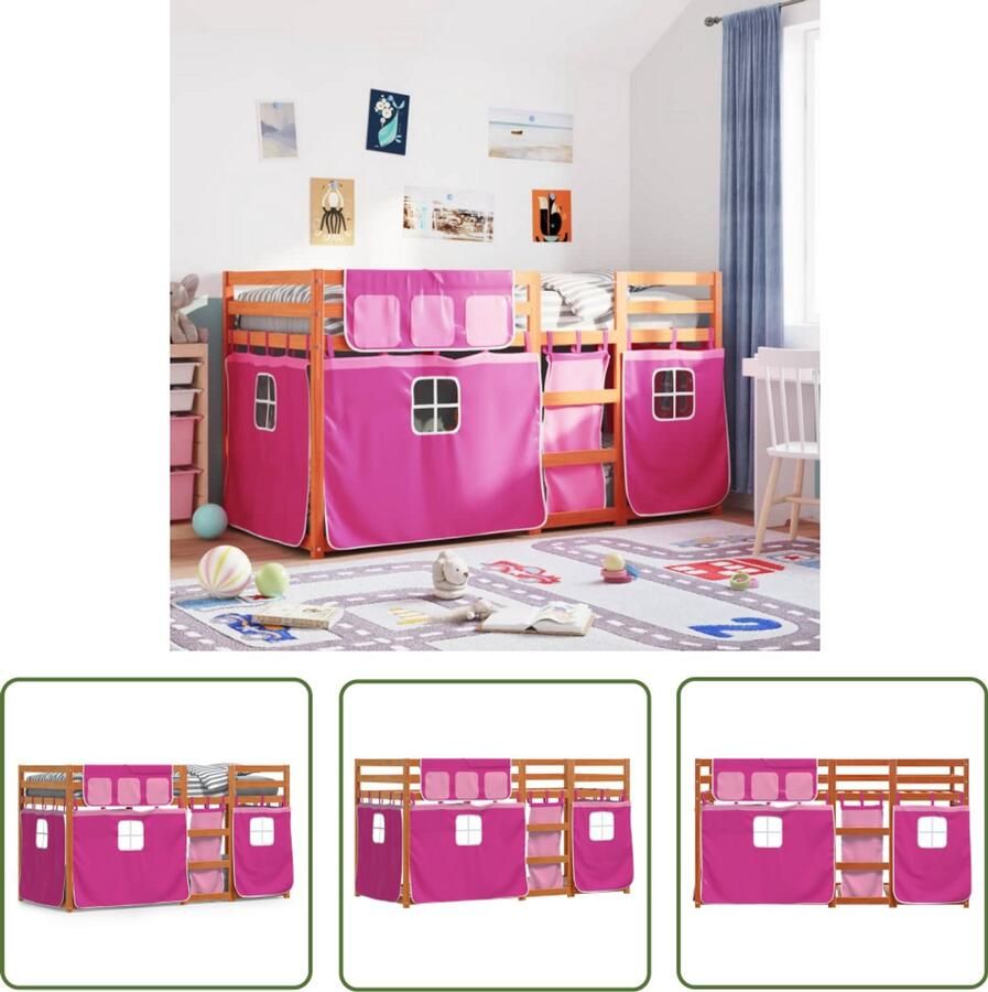 VidaXL Stapelbed met gordijnen 75x190 cm grenenhout roze Stapelbed Kidsbed Houten Bed Kinderkamer Meisjeskamer
