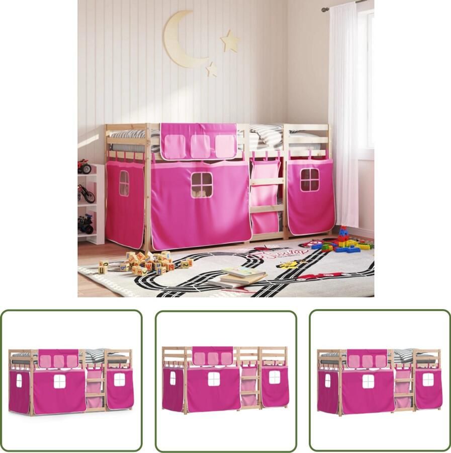 VidaXL Stapelbed met gordijnen 75x190 cm grenenhout roze Stapelbed Kidsbed Houten Bed Kindermeubilair Meisjeskamer