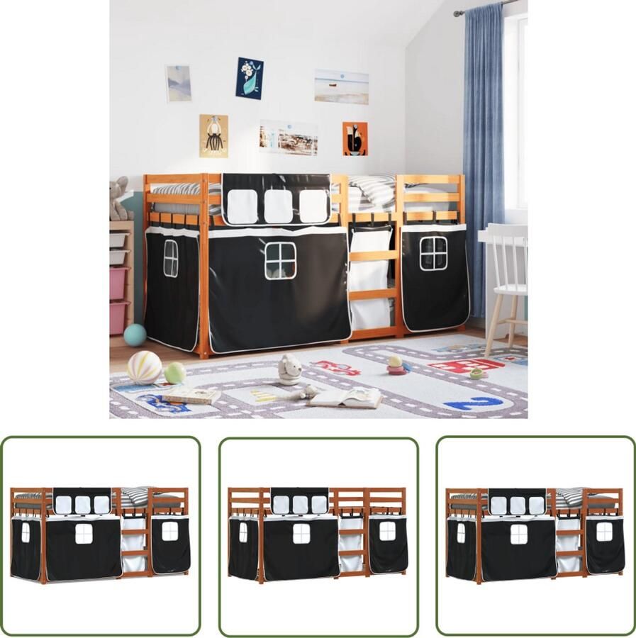 VidaXL Stapelbed met gordijnen 75x190 cm grenenhout wit en zwart Stapelbed Kidsbed Houten Bed Grenenhout Bed Tweepersoonsbed