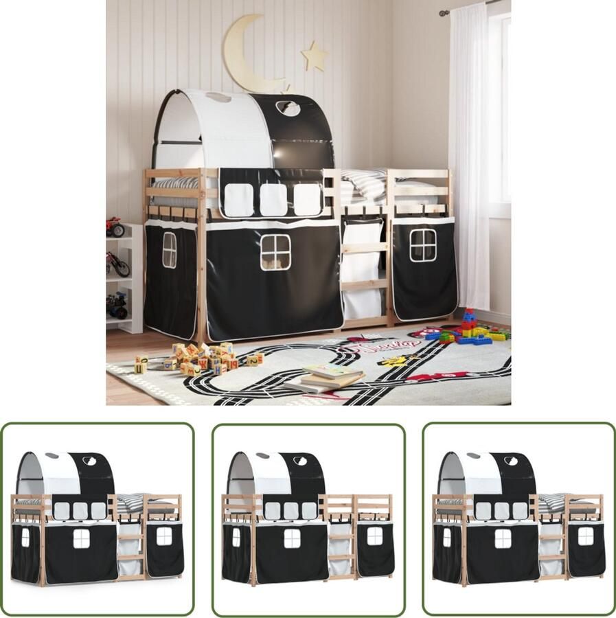 VidaXL Stapelbed met gordijnen 75x190 cm grenenhout wit en zwart Stapelbed Kidsbed Houten Bed Grenenhout Kinderkamer
