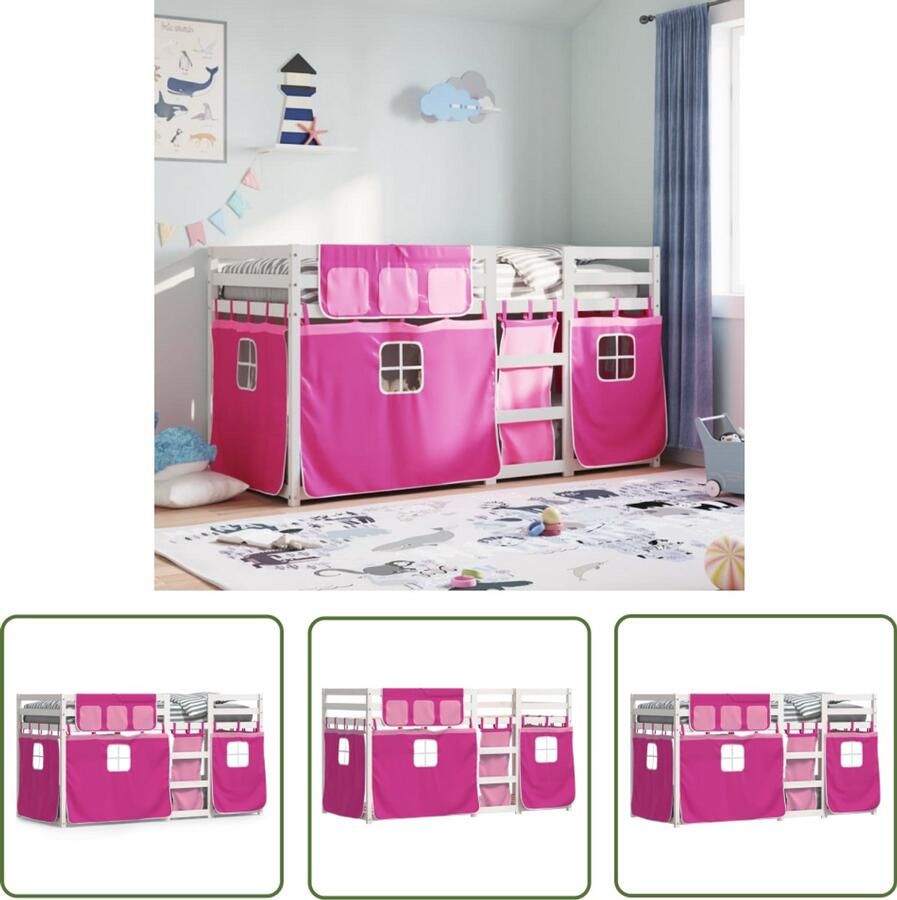 VidaXL Stapelbed met gordijnen 80x200 cm grenenhout roze Stapelbed Kidsbed Houten Bed Kindermeubilair Meisjeskamer