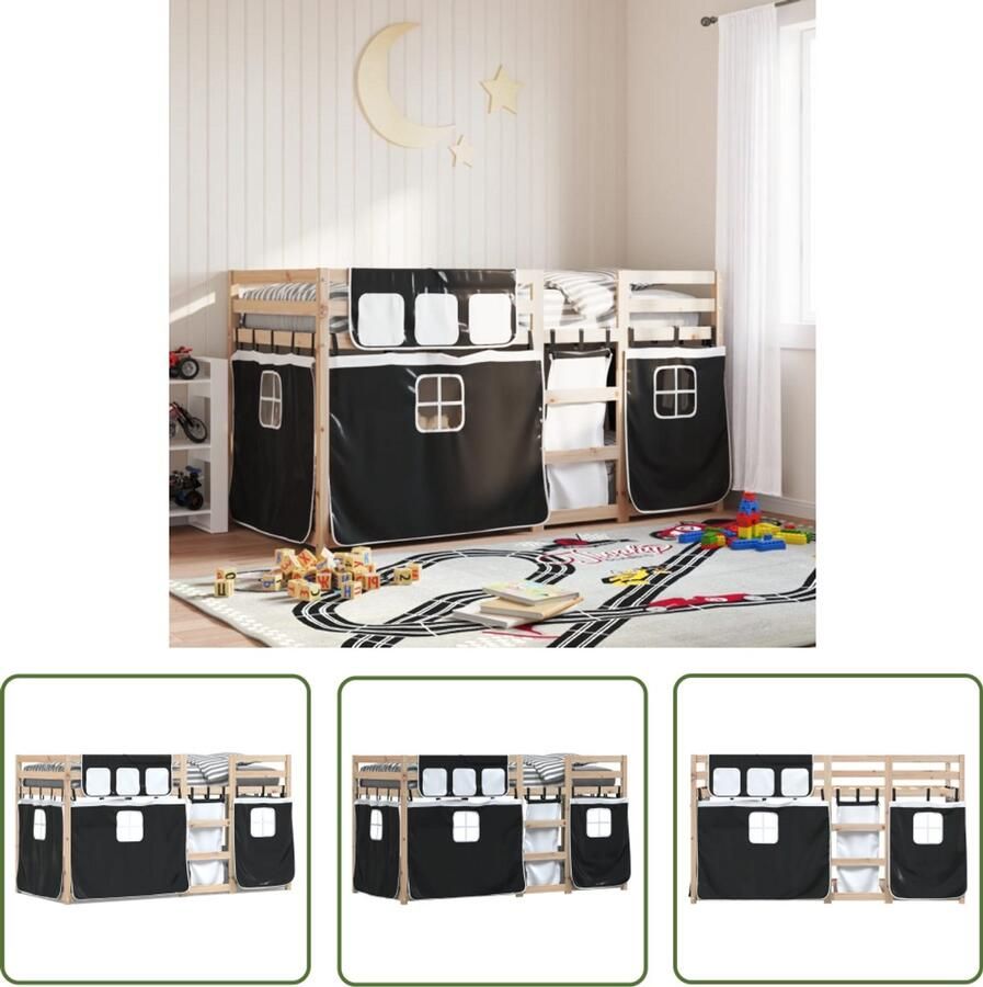 VidaXL Stapelbed met gordijnen 90x190 cm grenenhout wit en zwart Stapelbed Kidsbed Houten Bed Grenenhout Tweepersoonsbed