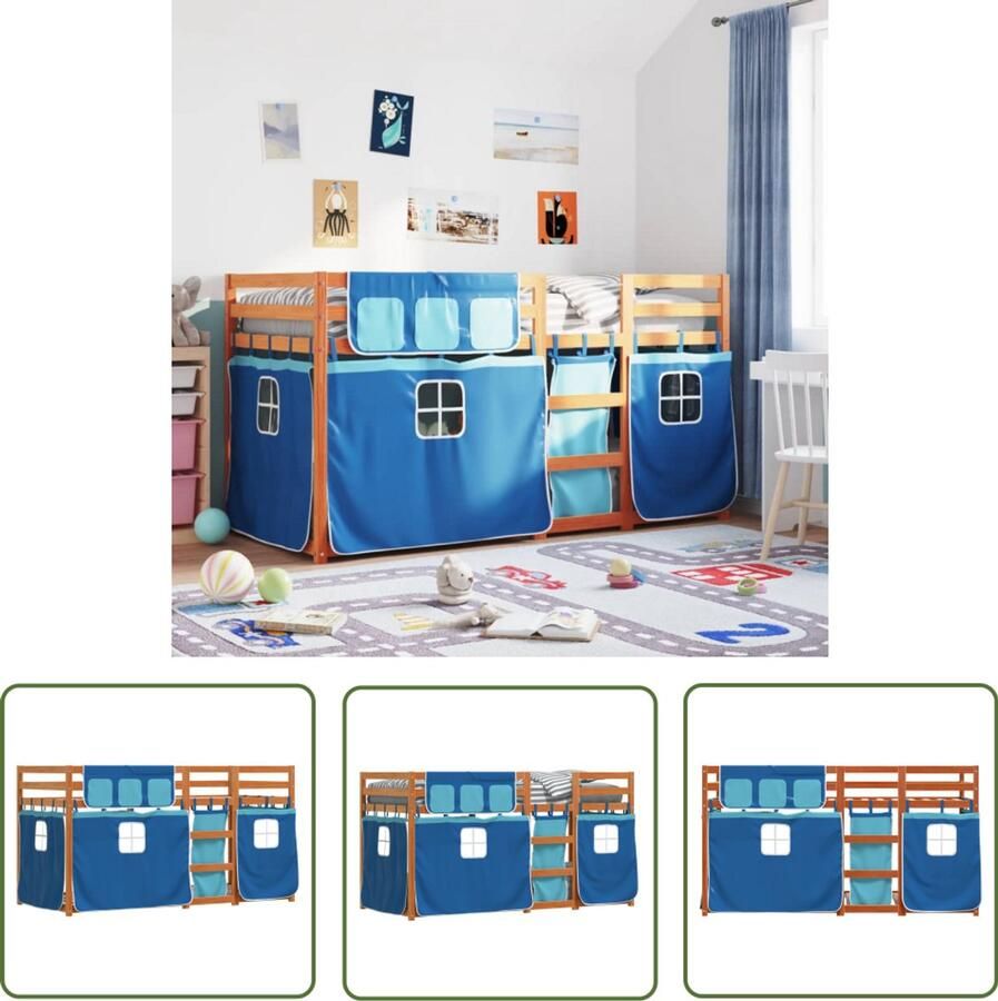 VidaXL Stapelbed met gordijnen 90x190 cm massief grenenhout blauw Stapelbed Kidsbed Houten Bed Grenenhout Bed Tweepersoonsbed