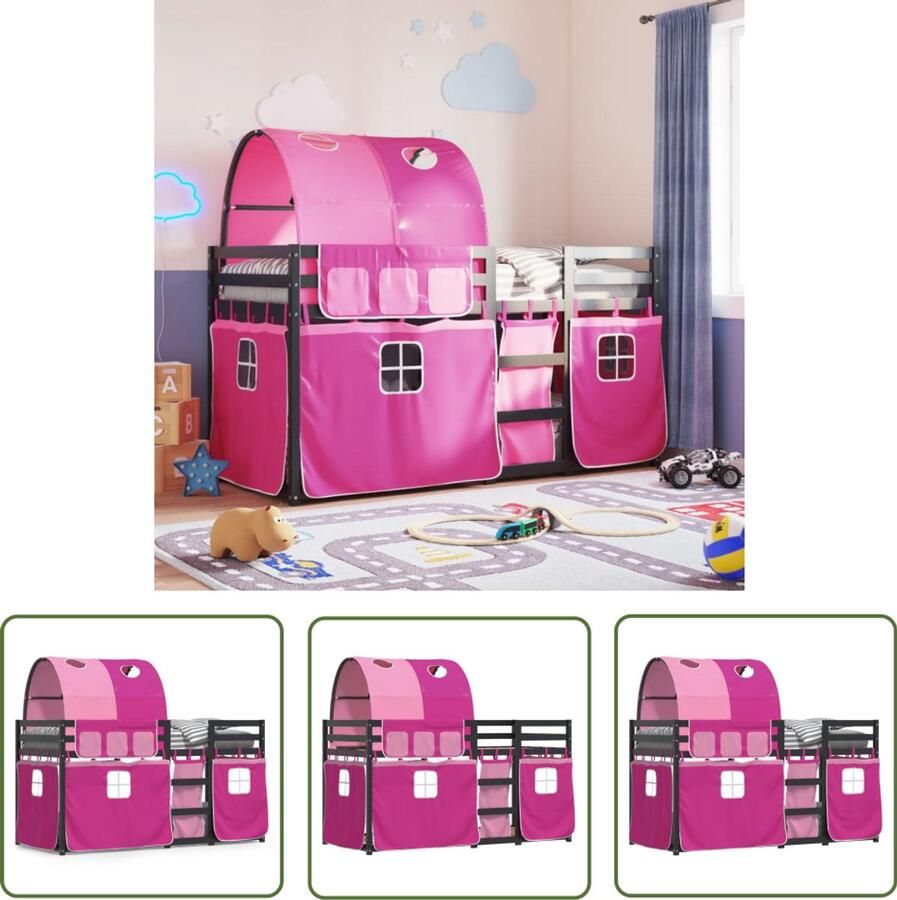 VidaXL Stapelbed met gordijnen 90x200 cm grenenhout roze Stapelbed Kidsbed Houten Bed Grenenhout Bed Meisjesbed