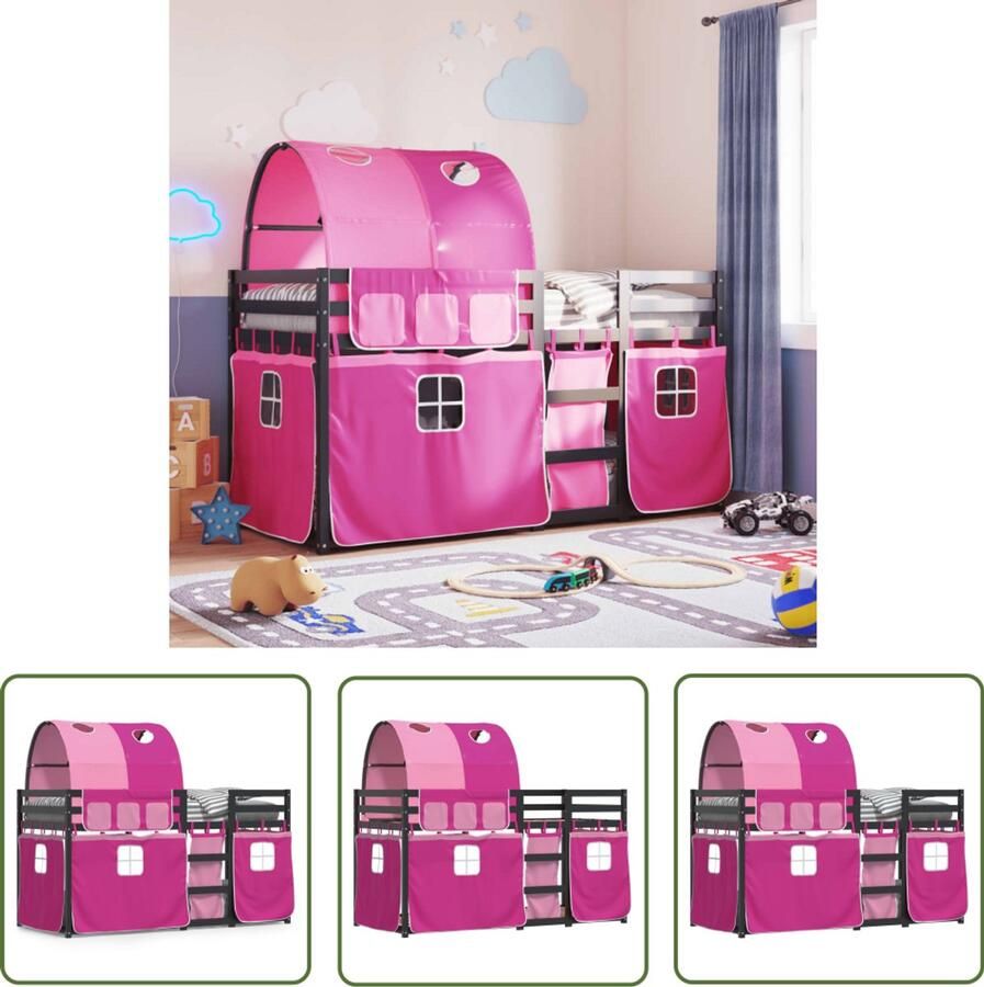 VidaXL Stapelbed met gordijnen 90x200 cm grenenhout roze Stapelbed Kidsbed Tweepersoonsbed Houten Bed Grenenhout