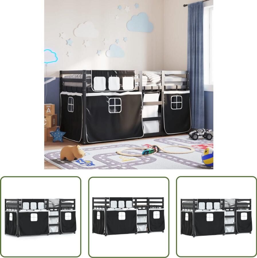 VidaXL Stapelbed met gordijnen 90x200 cm grenenhout wit en zwart Stapelbed Kidsbed Houten Bed Grenenhout Kinderkamer