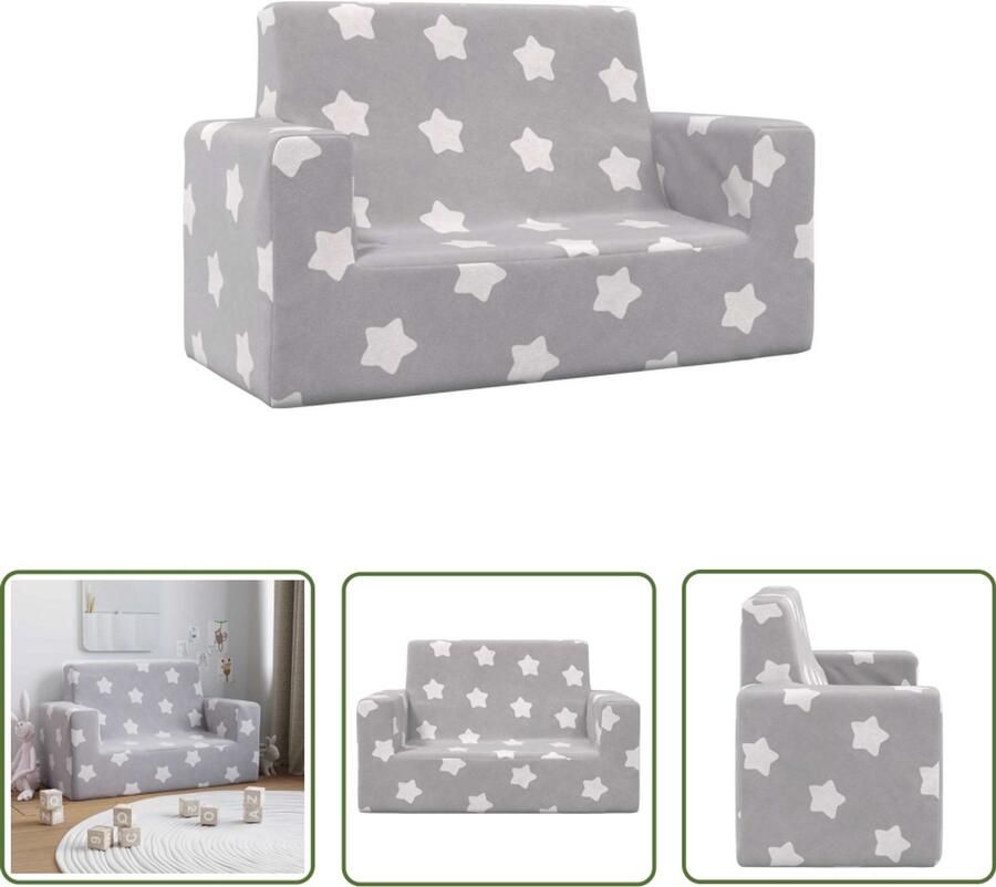 VidaXL Kinderbank Kinderstoel Kinderbank 2-zits met sterren zacht pluche lichtgrijs Kids Stoel Speelhoek Leeshoek