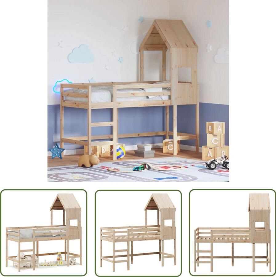 VidaXL Halfhoogslaper met ladder en bedhuis grenenhout 90x190 cm Halfhoogslaper Kinderbed Grenenhouten Bed Met Lade Kids Bed