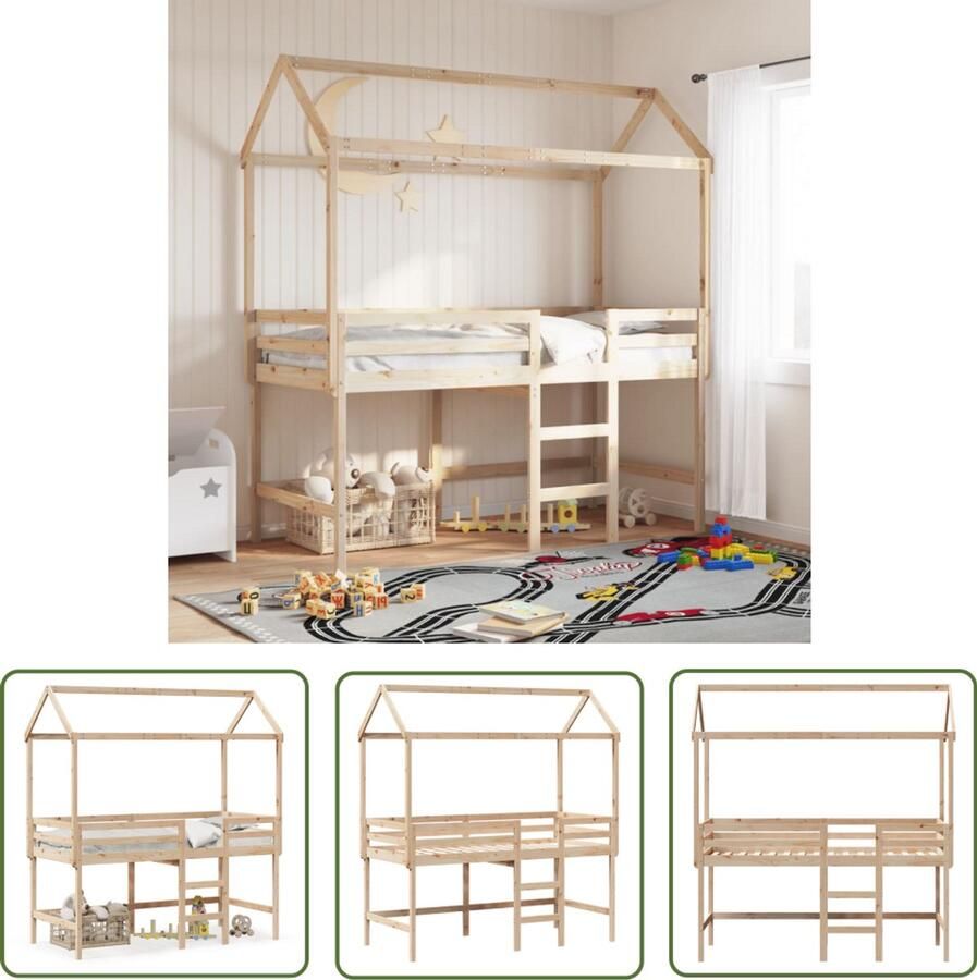 VidaXL Halfhoogslaper met ladder en bedhuis grenenhout 90x200 cm Halfhoogslaper Kinderbed Bedhuis Grenenhout Bruine Kleur