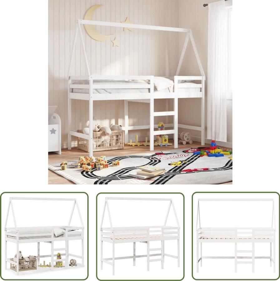 VidaXL Halfhoogslaper met ladder en bedhuis grenenhout wit 90x190 cm Halfhoogslaper Kinderbed Bedhuis Grenenhout Wit