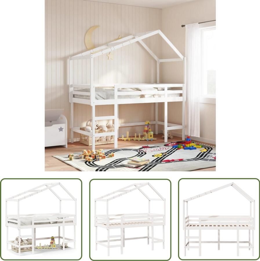 VidaXL Kinderbed Hoogslaper Halfhoogslaper met ladder en bedhuis grenenhout wit 80x200 cm Bed Frame Grenenhout Witte Kinderkamer