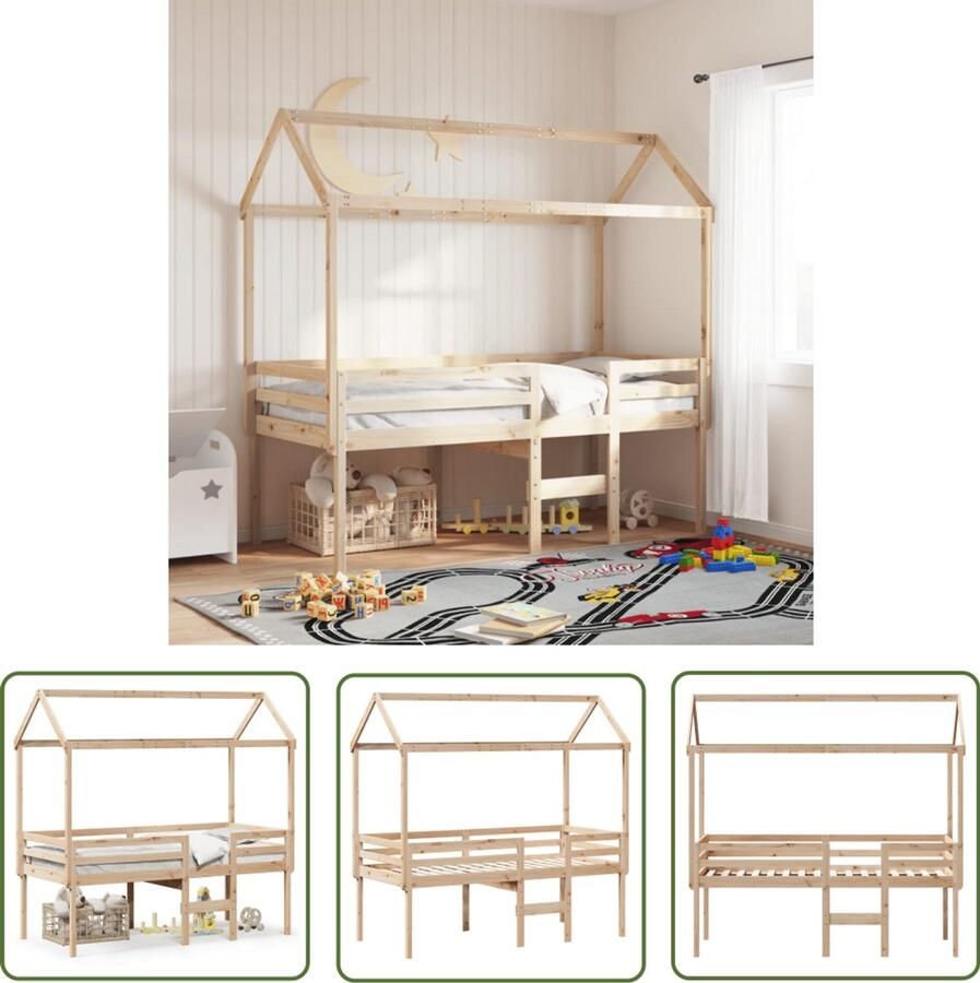 VidaXL Hoogslaper met dak massief grenenhout 90x190 cm Hoogslaper Kinderbed Houten Bed Grenenhout Bed Kids Kamer