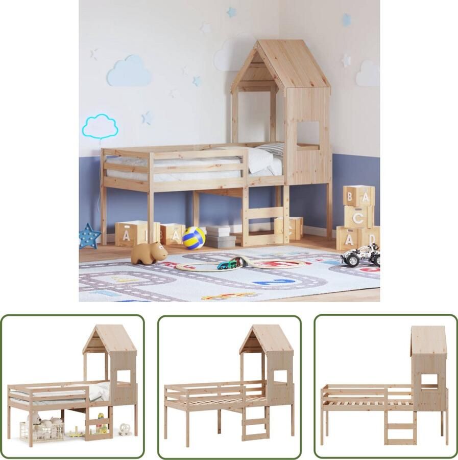 VidaXL Hoogslaper met dak massief grenenhout wasbruin 75x190 cm Hoogslaper Kinderbed Houten Bed Grenenhout Bed Slaapbank