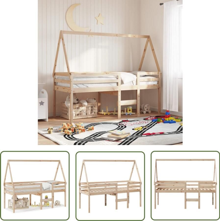 VidaXL Hoogslaper met dak massief grenenhout wasbruin 75x190 cm Hoogslaper Kinderbed Houten Bed Grenenhout Bed Slaapdak