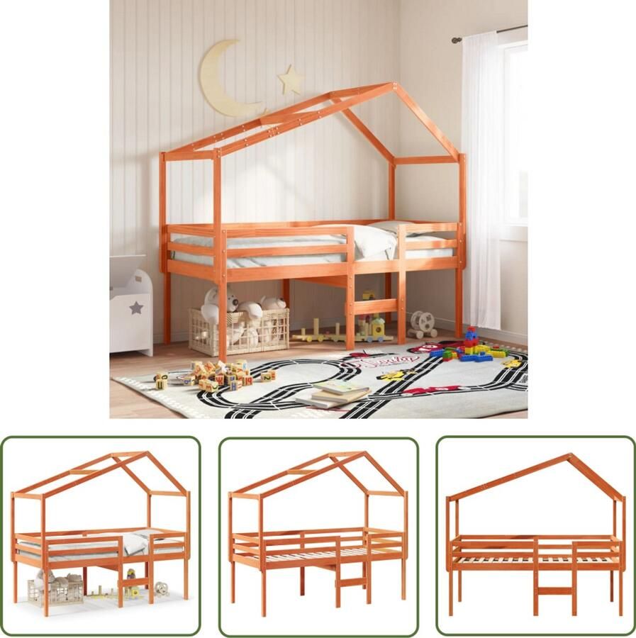 VidaXL Hoogslaper met dak massief grenenhout wasbruin 90x190 cm Hoogslaper Kinderbed Houten Bed Grenenhouten Bed Wasbruin Bed