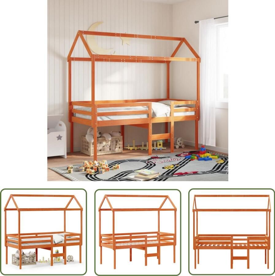 VidaXL Hoogslaper met dak massief grenenhout wasbruin 90x200 cm Hoogslaper Kinderbed Houten Bed Grenenhout Bed Slaapbank