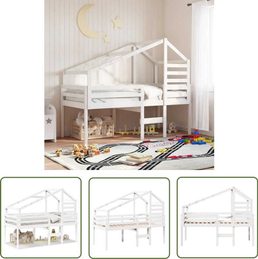 VidaXL Hoogslaper met dak massief grenenhout wit 80x200 cm Hoogslaper Kinderbed Houten Bed Grenenhout Bed Witte Bed - Foto 2