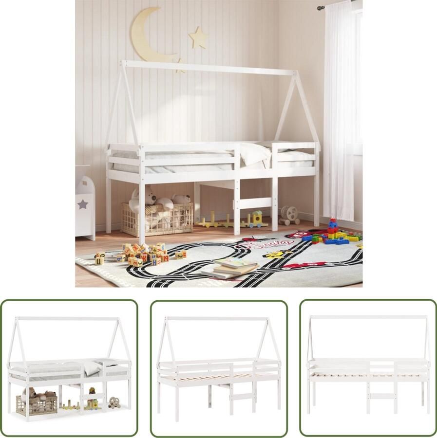 VidaXL Hoogslaper met dak massief grenenhout wit 90x190 cm Hoogslaper Kinderbed Beddak Grenenhout Bed Witte Kamermeubilair