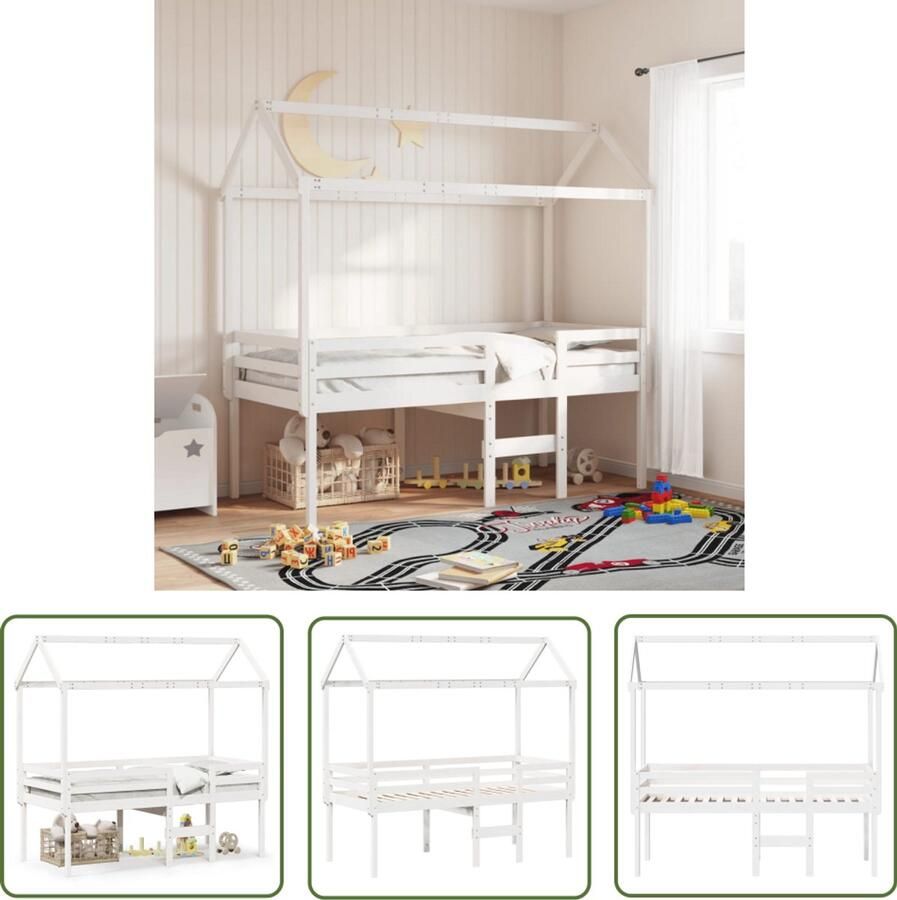 VidaXL Hoogslaper met dak massief grenenhout wit 90x200 cm Hoogslaper Kinderbed Bed Met Dak Grenenhouten Bed Houten Bed