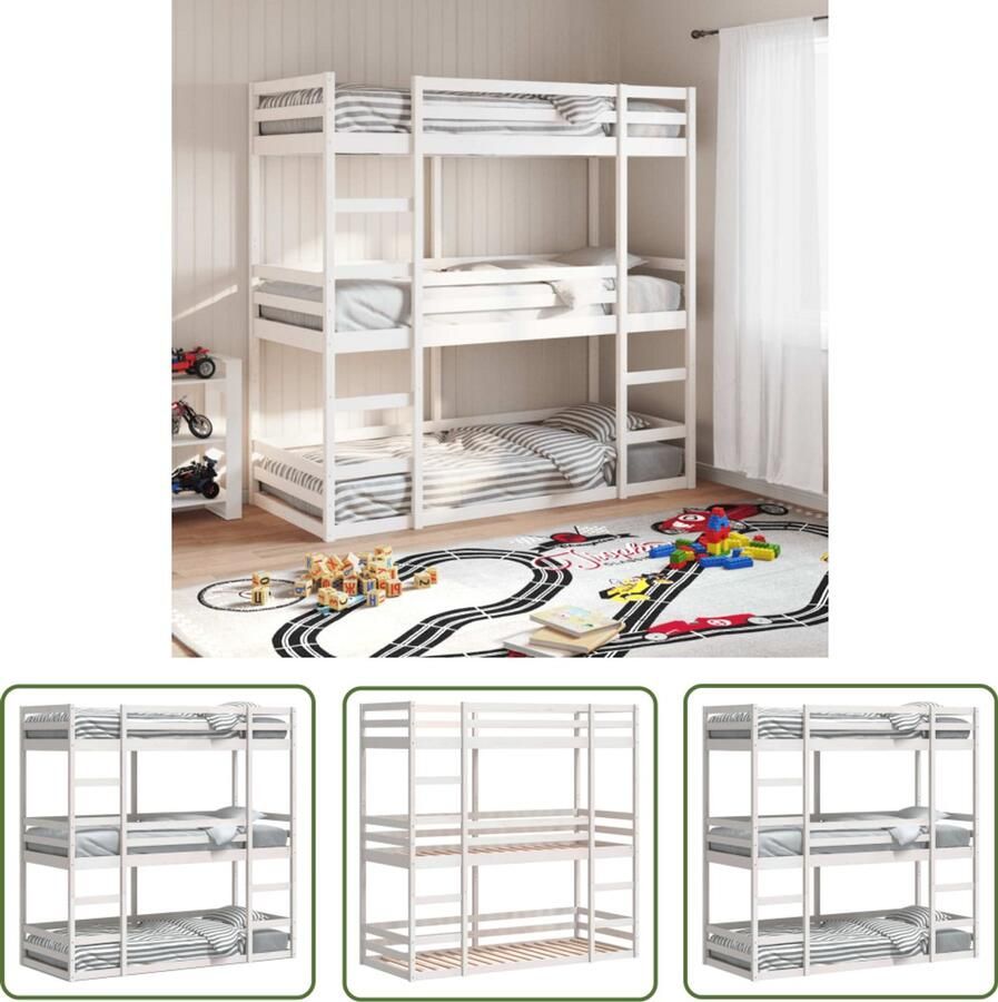 VidaXL Stapelbed 3-persoons massief grenenhout wit 80x200 cm Stapelbed Kinderbed Tweepersoonsbed Drie Persoonsbed Grenenhouten Bed