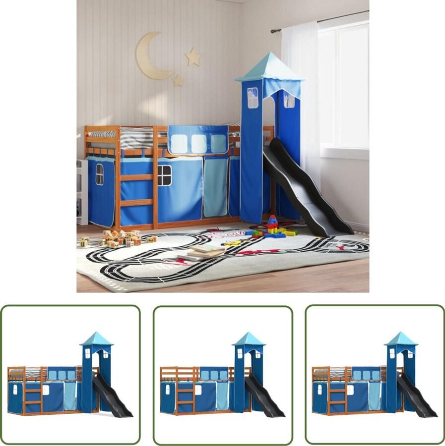 VidaXL Stapelbed met glijbaan en gordijnen blauw 90x200 cm Stapelbed Kinderbed Houten Bed Met Glijbaan Blauwe Beddengoed