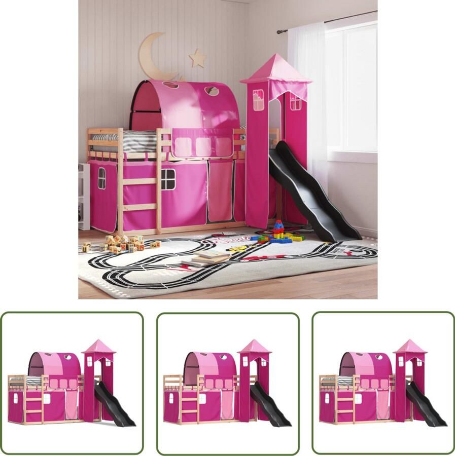 VidaXL Stapelbed met glijbaan en gordijnen roze 90x190 cm Stapelbed Kinderbed Houten Bed Rozenkleurig Bed Tweepersoonsbed