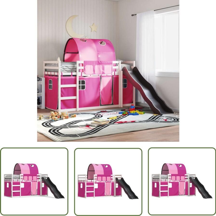 VidaXL Stapelbed met glijbaan en gordijnen roze 90x190 cm Stapelbed Kinderbed Houten Bed Tweepersoonsbed Meisjeskamer