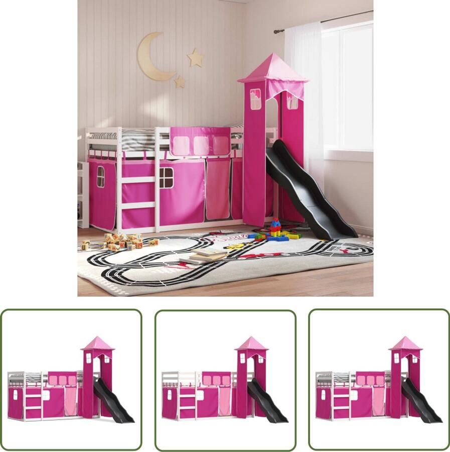 VidaXL Stapelbed met glijbaan en gordijnen roze 90x190 cm Stapelbed Kinderbed Houten Bed Tweepersoonsbed Rozenkleurig Bed