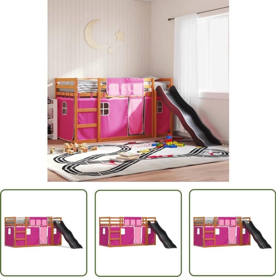 VidaXL Stapelbed met glijbaan en gordijnen roze 90x200 cm Stapelbed Kinderbed Houten Bed Tweepersoonsbed Rozenkleurig Bed