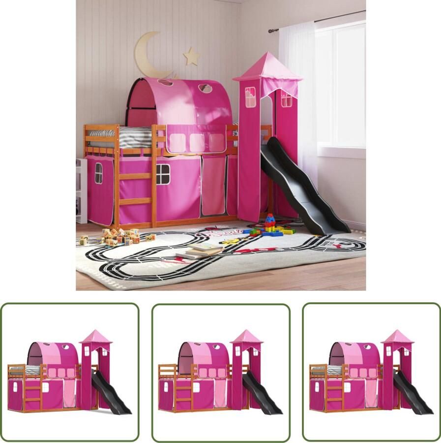 VidaXL Stapelbed met glijbaan en gordijnen roze 90x200 cm Stapelbed Kinderbed Tweepersoonsbed Houten Bed Rozenkleurig Bed