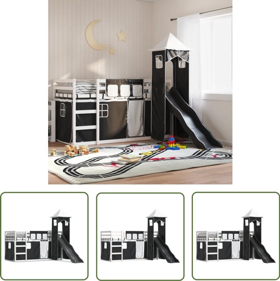 VidaXL Stapelbed met glijbaan en gordijnen wit en zwart 90x190 cm Stapelbed Kinderbed Houten Bed Glijbaan Kidskamer