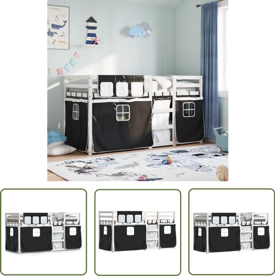 VidaXL Stapelbed met gordijnen 75x190 cm grenenhout wit en zwart Stapelbed Kinderbed Houten Bed Grenenhout Bed Tweepersoonsbed