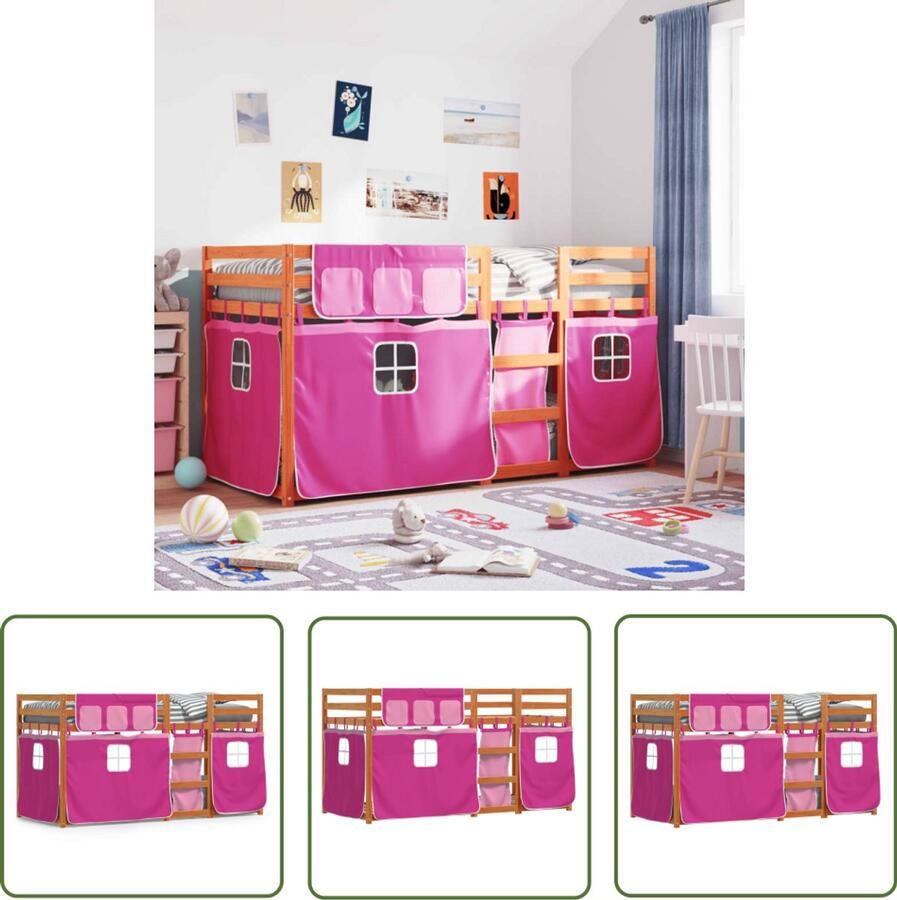 VidaXL Stapelbed met gordijnen 80x200 cm grenenhout roze Stapelbed Kinderbed Houten Bed Grenenhout Bed Meisjeskamer
