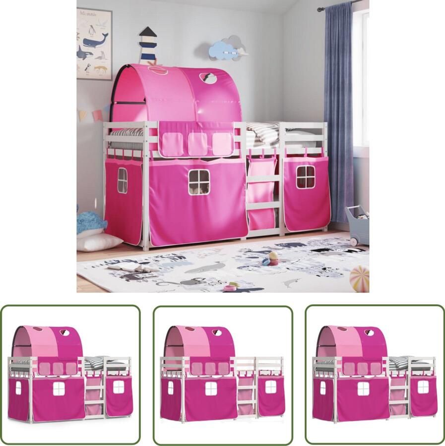 VidaXL Stapelbed met gordijnen 80x200 cm grenenhout roze Stapelbed Kinderbed Houten Bed Grenenhout Meisjeskamer