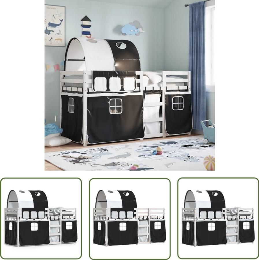 VidaXL Stapelbed met gordijnen 80x200 cm grenenhout wit en zwart Stapelbed Kinderbed Houten Bed Grenenhout Tweepersoonsbed