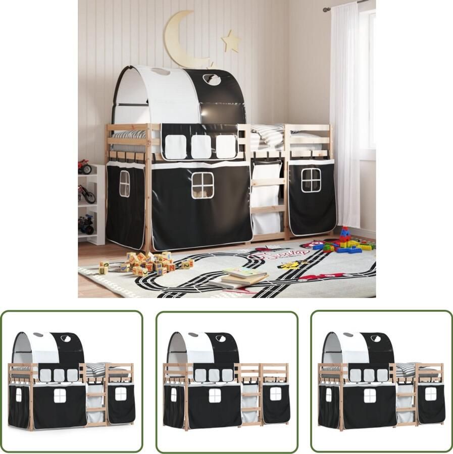 VidaXL Stapelbed met gordijnen 90x190 cm grenenhout wit en zwart Stapelbed Kinderbed Houten Bed Grenenhout Stapelbed Met Gordijnen