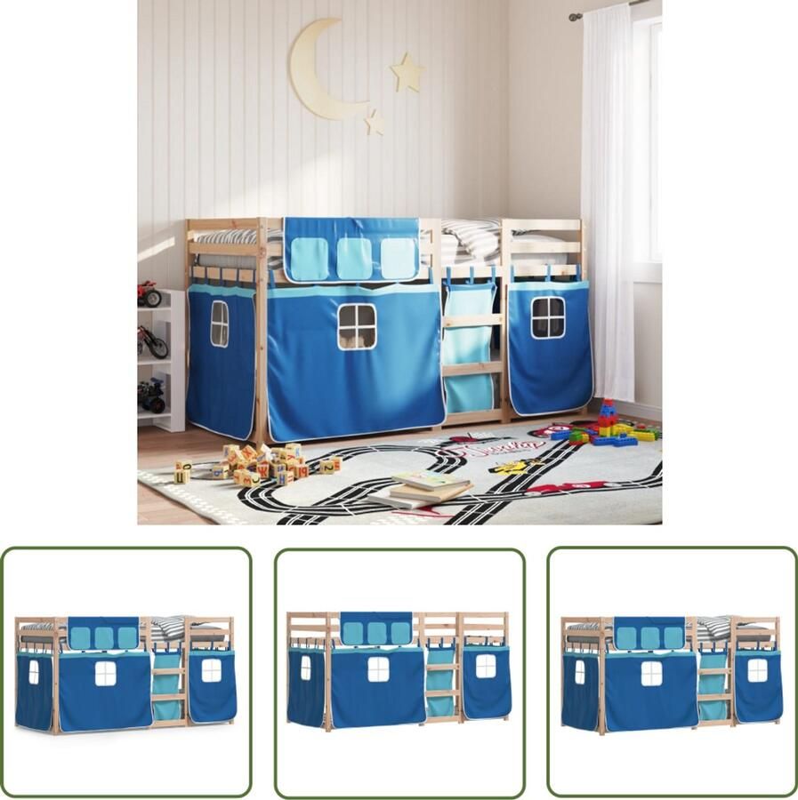 VidaXL Stapelbed met gordijnen 90x190 cm massief grenenhout blauw Stapelbed Kinderbed Houten Bed Grenenhouten Bed Tweepersoonsbed