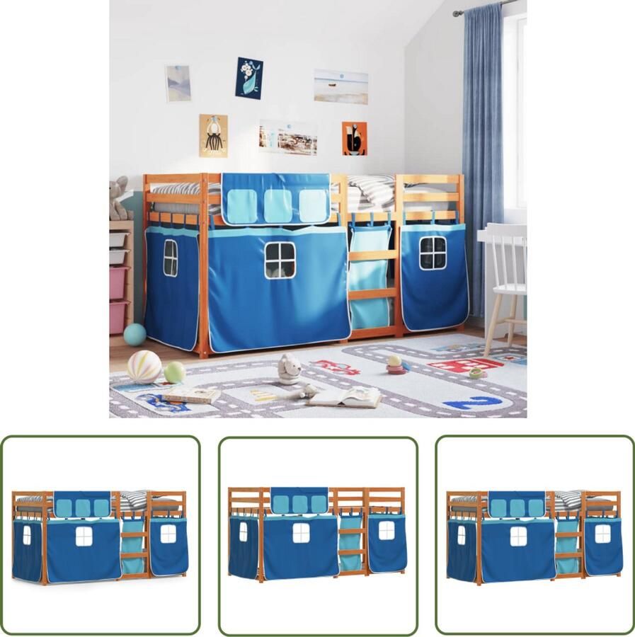 VidaXL Stapelbed met gordijnen 90x200 cm massief grenenhout blauw Stapelbed Kinderbed Houten Bed Grenenhout Bed Blauwe Bed