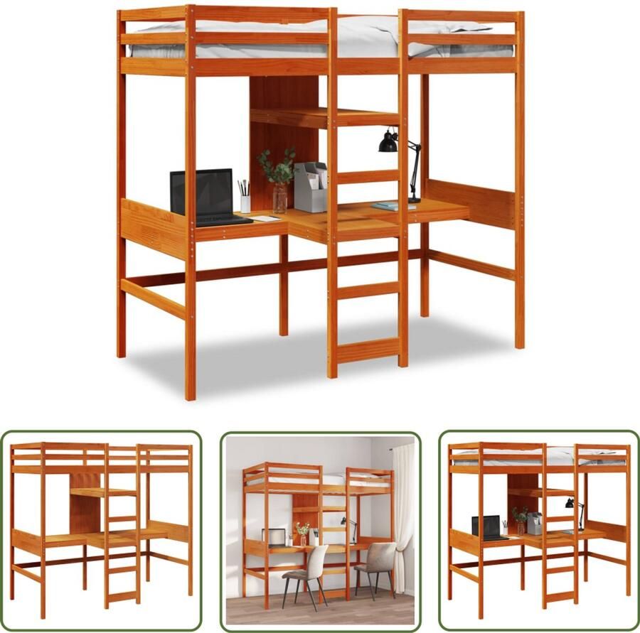 VidaXL Hoogslaper met bureau en schappen grenenhout wasbruin 90x200cm Hoogslaper Kinderkamer Tweepersoonsslaapbank Stapelbed Bureaublad