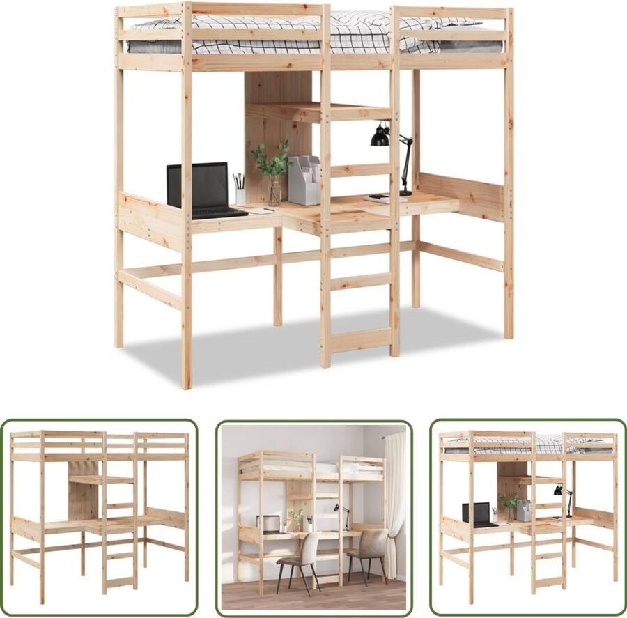 VidaXL Hoogslaper met bureau en schappen massief grenenhout 90x200cm Hoogslaper Kinderkamer Tweepersoonsslaapbank Stapelbed Bureaublad
