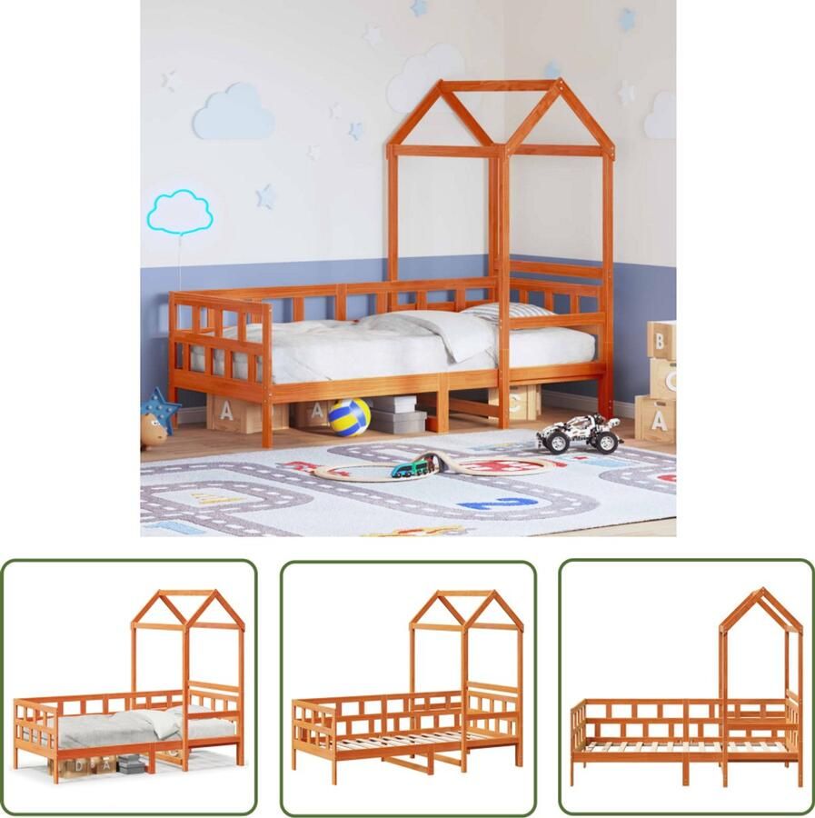 VidaXL Kinderbed met huisje massief grenenhout wasbruin 80x200 cm Kinderbed Kinderkamer Grenenhout Bed Hout Bed Bruine Bed