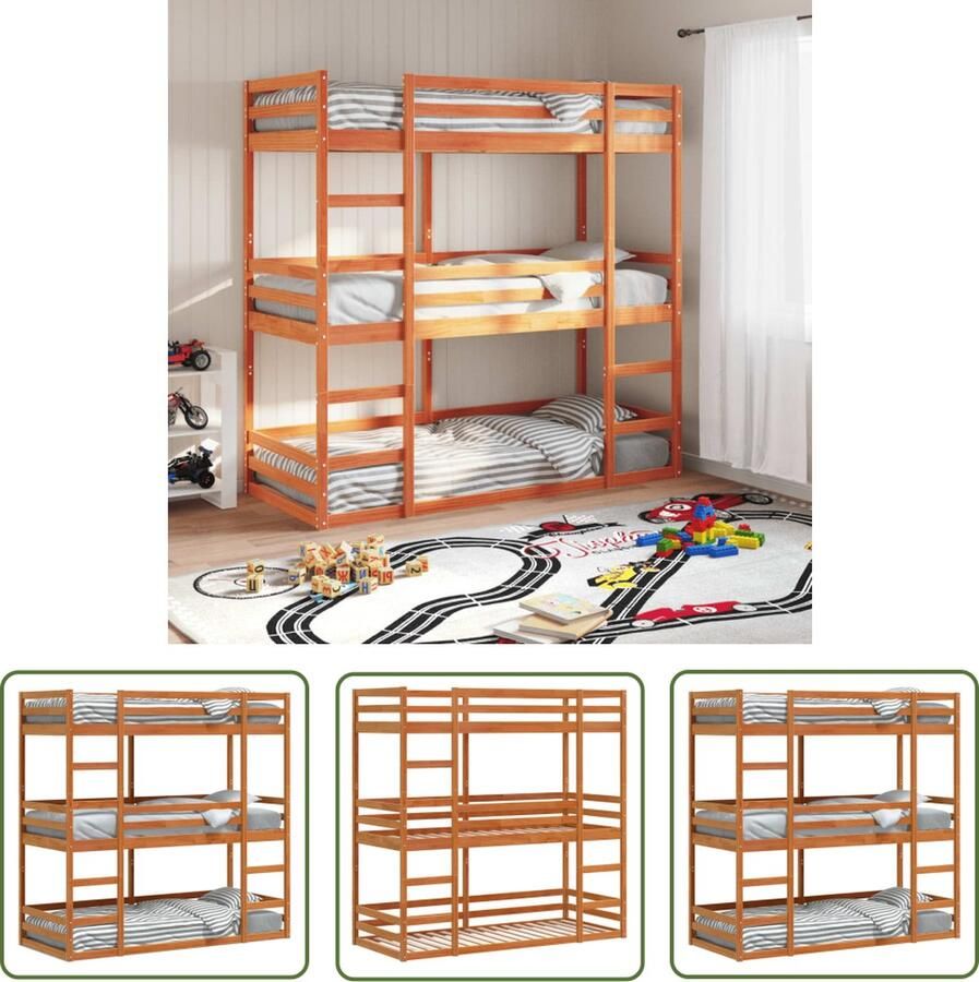 The Living Store Stapelbed Rustiek Grenenhout 3-Persoons 205.5 x 87.5 x 203 cm Wasbruin Stapelbed Kinderkamer Tweepersoons Bed Drie Persoons Bed Grenenhouten Bed