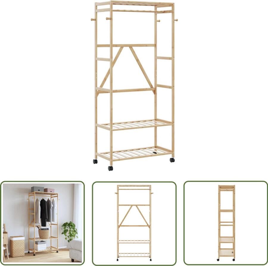 The Living Store Kledingrek met schappen en wielen 90x40x179 5 cm bamboe Bamboekast Kledingkast Garderobe Kastenopstelling Opslagmeubel
