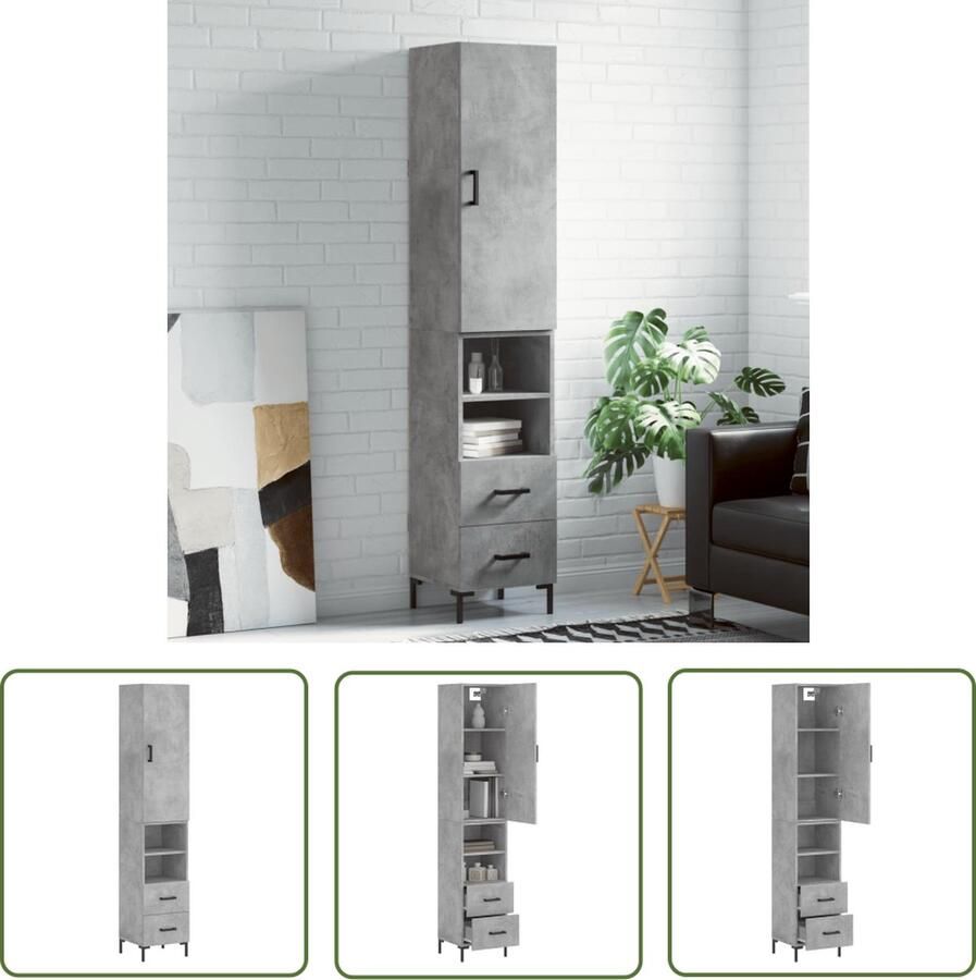 The Living Store Hoge kast 34 5x34x180 cm bewerkt hout betongrijs Hoge Kast Houten Kast Grijze Kast Opslagkast Bergruimte