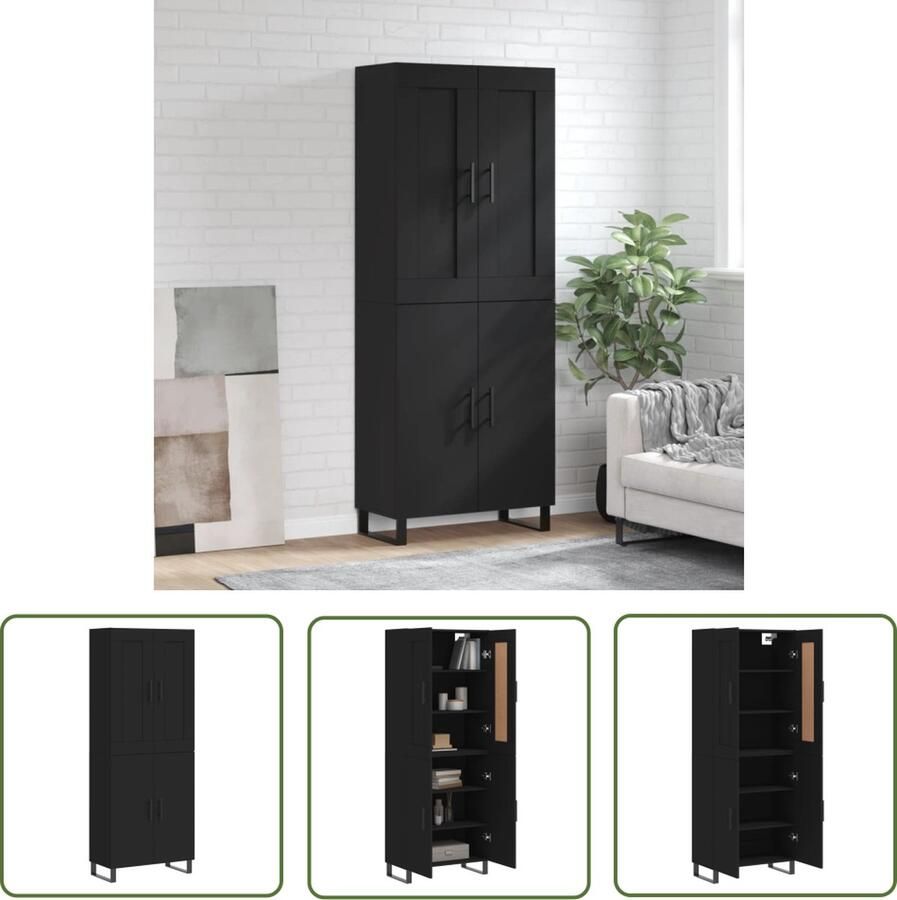 The Living Store Hoge kast 69 5x34x180 cm bewerkt hout zwart Hoge Kast Zwarte Kast Houten Kast Opslagoplossing Woonkamerinrichting