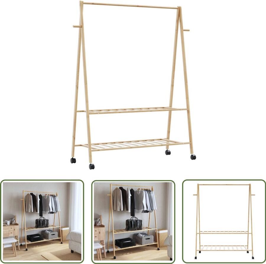The Living Store Kledingrek met schappen en wielen 132x45 5x155 5 cm bamboe Bamboekledingrek Kledingopbergers Kledingkast Garderobe Multifunctionele Kasten