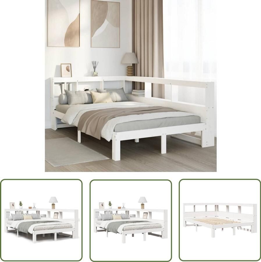 VidaXL Bed met boekenkast zonder matras grenenhout wit 120x200 cm Dynamische Sleutel Klikmechanisme Draaibare Kop Gereedschapset Spanwijdte