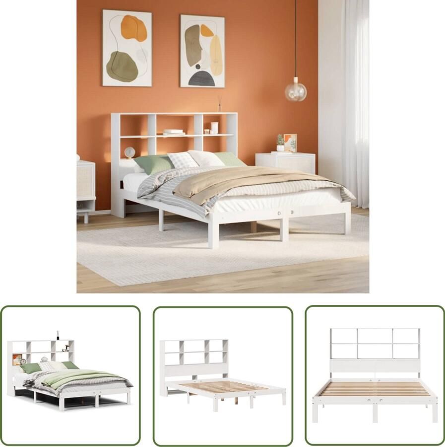 VidaXL Bed met boekenkast zonder matras grenenhout wit 140x190 cm Slaapkamers Bedden Houten Bedden Boekenkasten Grenenhouten Bed