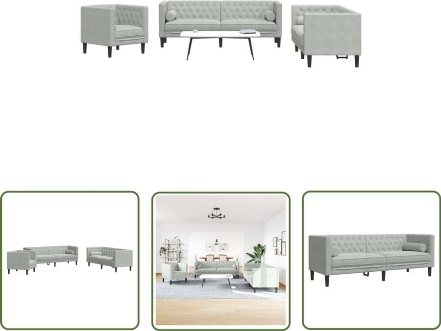 VidaXL 3-delige Loungeset Chesterfield met bolsters fluweel lichtgrijs Dynammometer Sleutel Klikmechanisme Draperpatools Gereedschapset Montagesleutel
